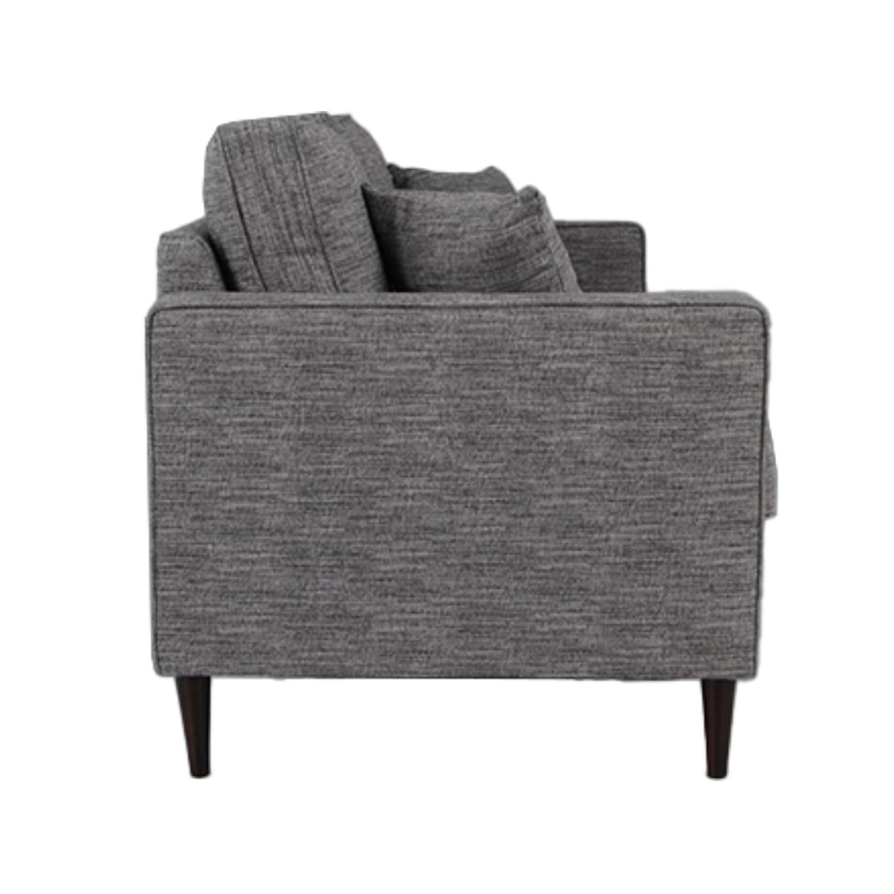 Side view of the Emma 2 Seat sofa showing the thick back cushions and the clean armrest profile along with the tapered, dark legs