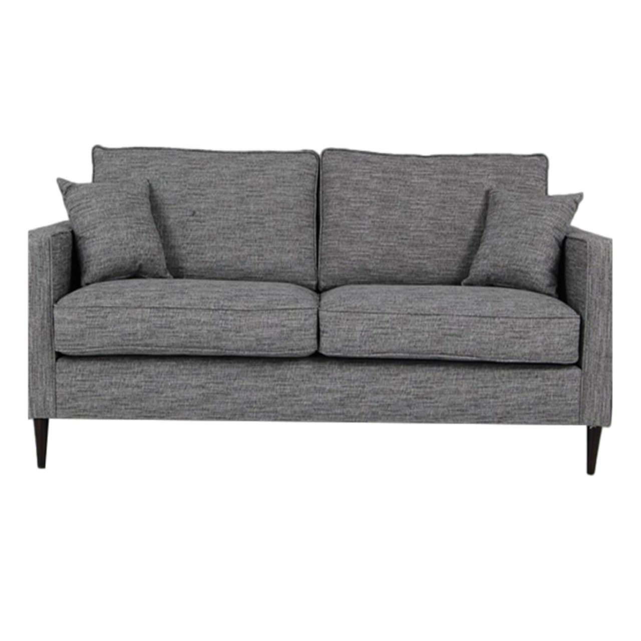 Front view of the Emma 2 Seat Sofa showing the 2 throw cushions that come with it as well as the grey upholstery of the sofa and cushions and the dark tapered legs