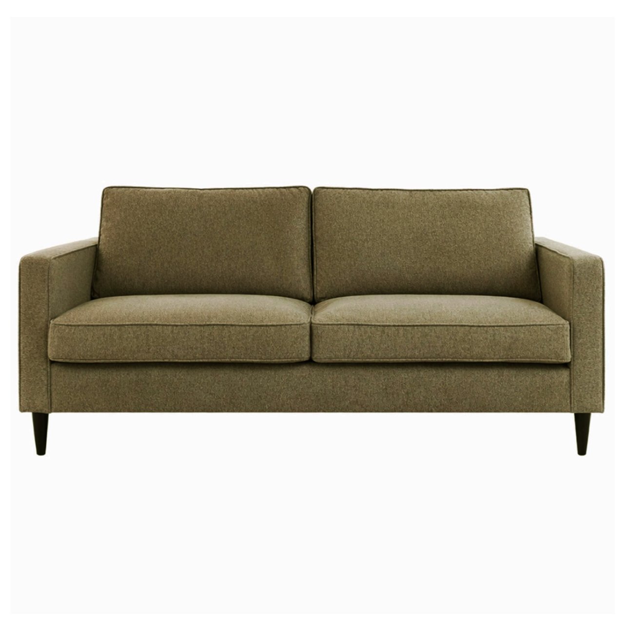 Front view of sofa with olive green fabric