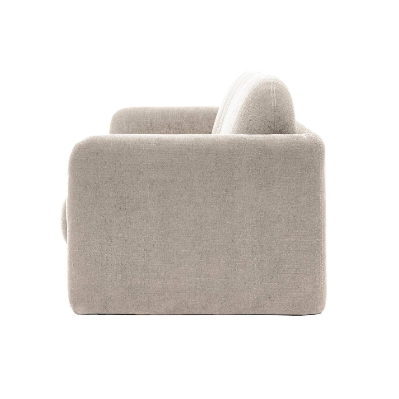 Side view of the sofa showing the armrest curve into the back support in one piece connected with simple, yet precise stitching