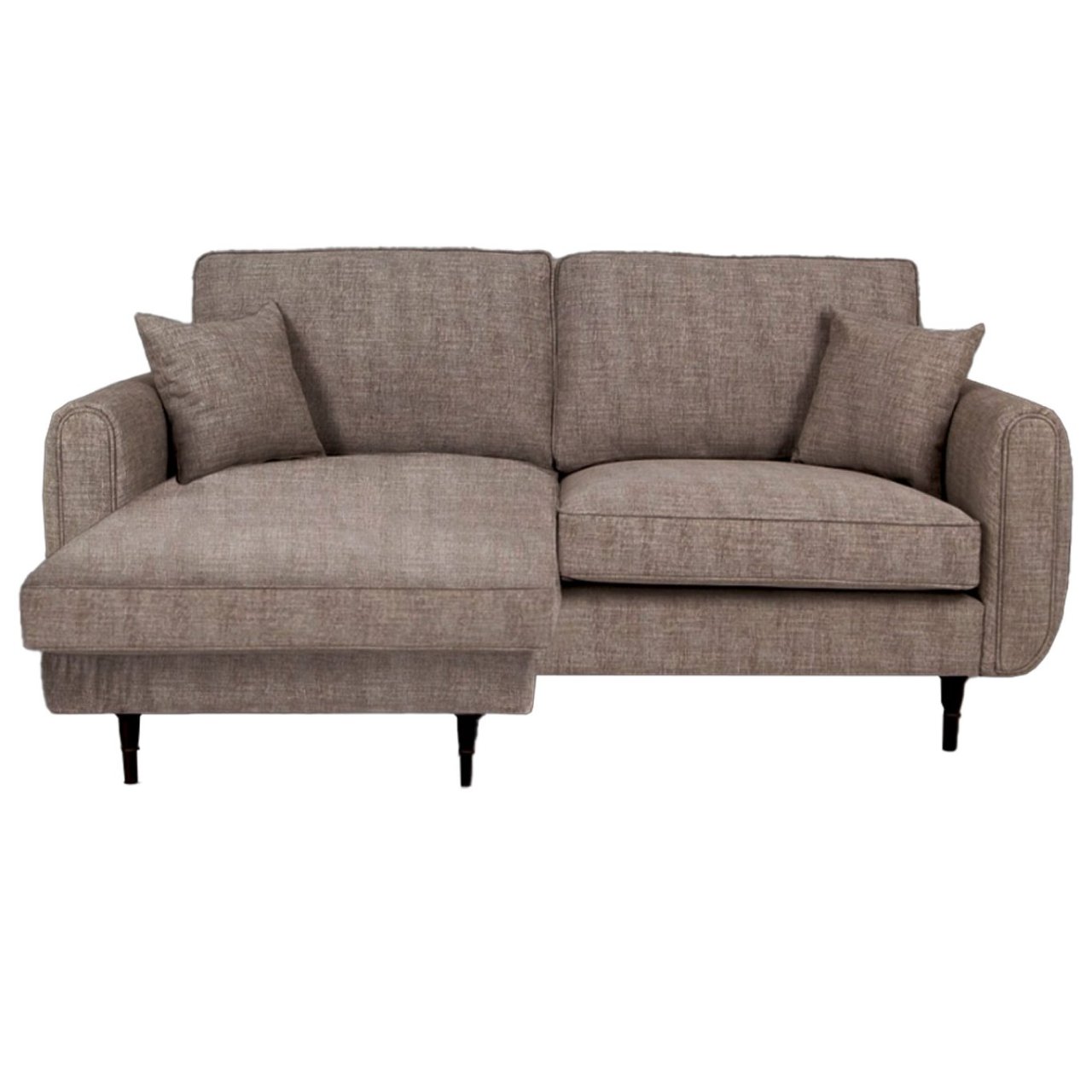 Front view of the Rita Chaise sofa in Chestnut colour with the chaise located on the left side of the piece. There are two small cushions on the sofa in the same fabric as the upholstery and the tapered legs are visible under the sofa