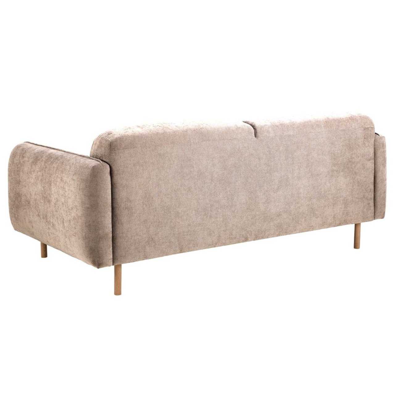 View of the beige sofa from behind showing the clean backrest made with single, uninterrupted fabric