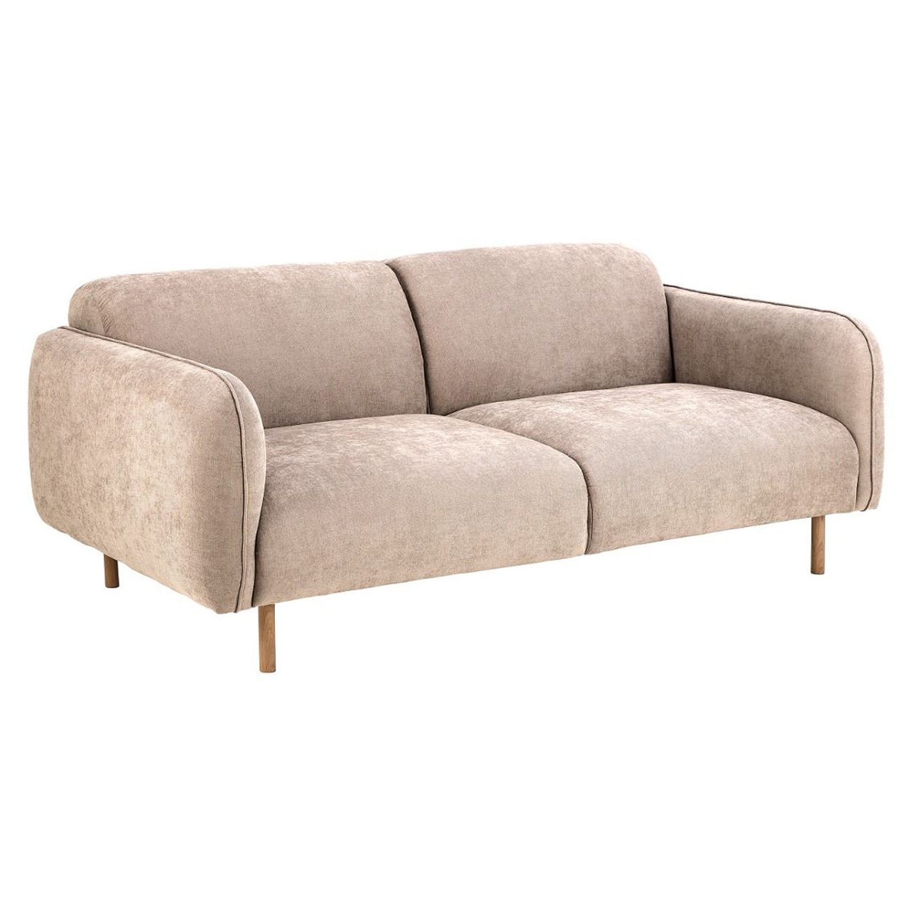 Angled view of a 2.5 seater sofa with a curved design of the armrests and deep seat and backrest cushions