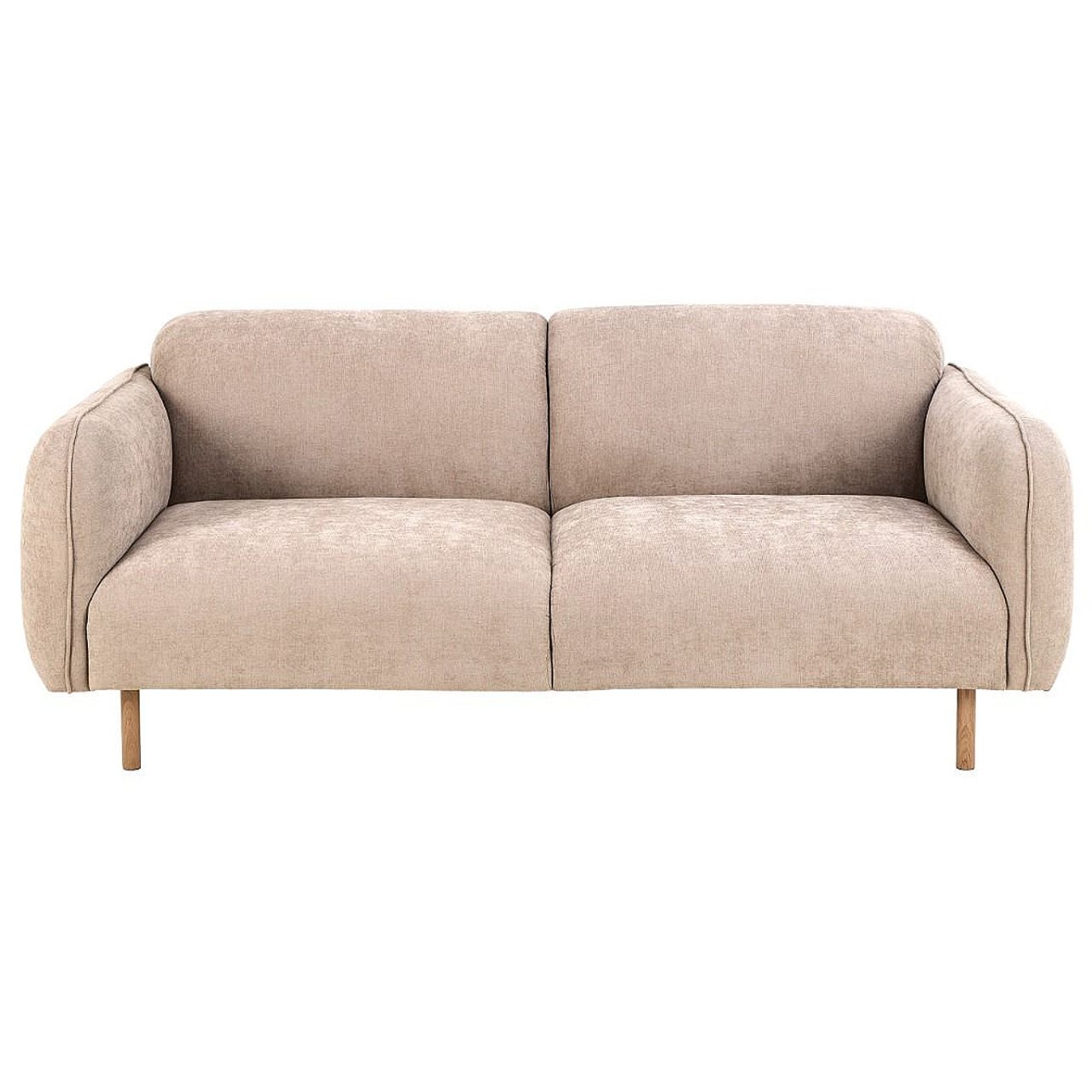 Front view of a sofa in clean beige colour with a curved design and round oak legs