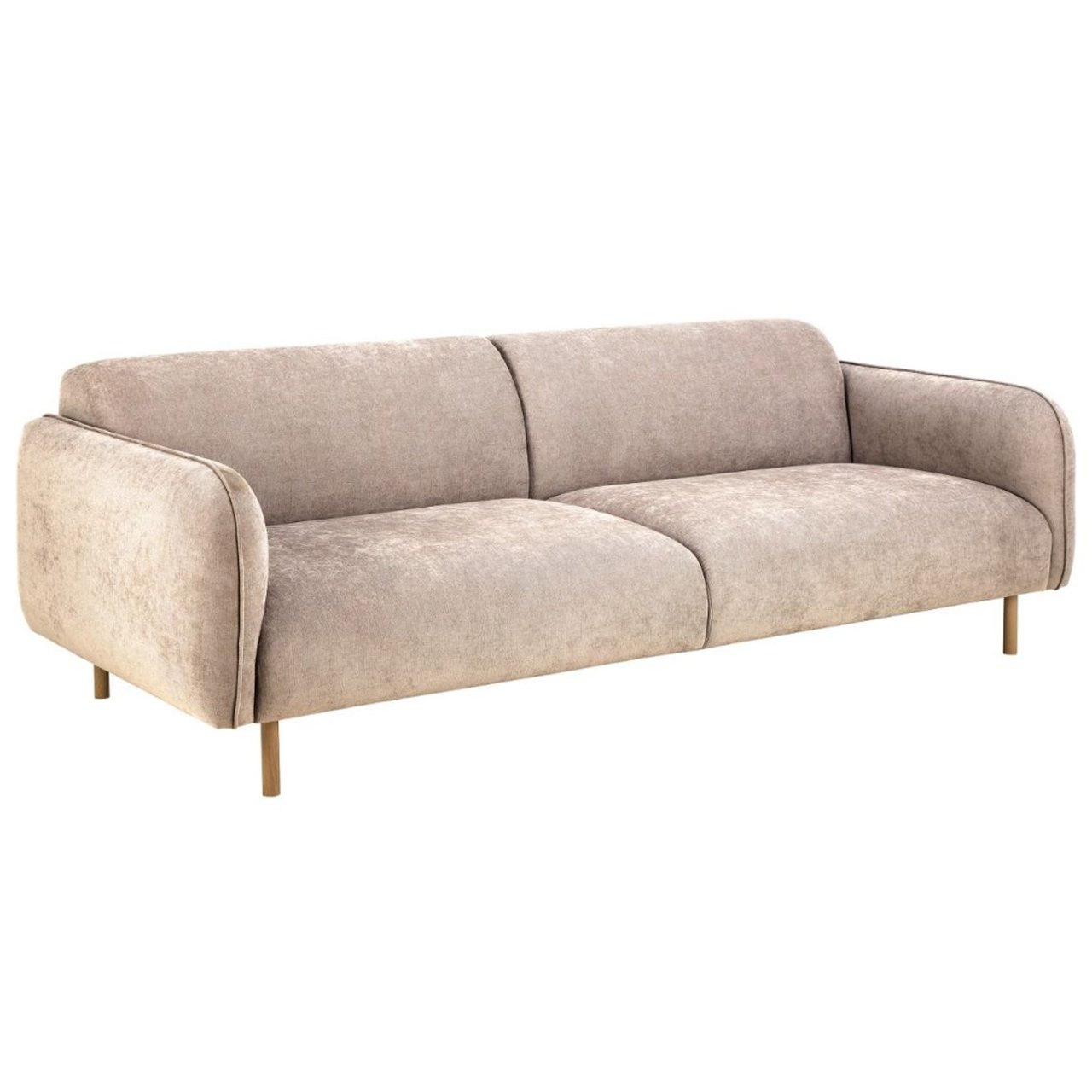 Angled view of a sumptuous 3-seater sofa in beige fabric with thick comfortable looking cushions
