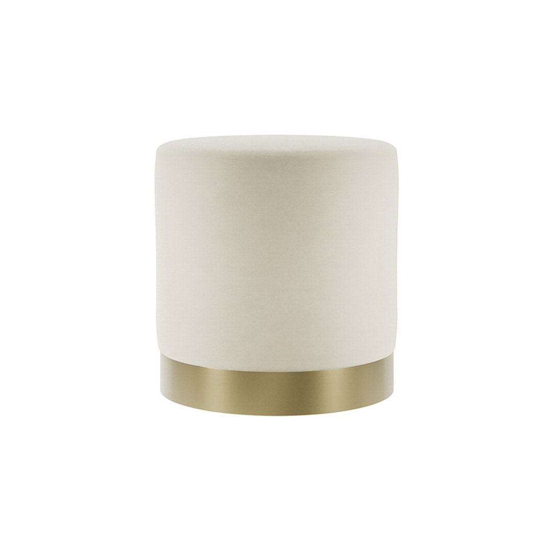 Full view of the round Lola stool in cream velvet upholstery and metal frame