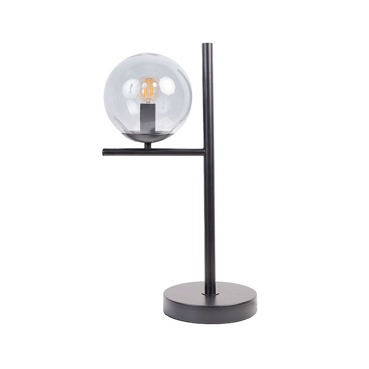 Angled table lamp with a bulbous shade and a metal frame and base