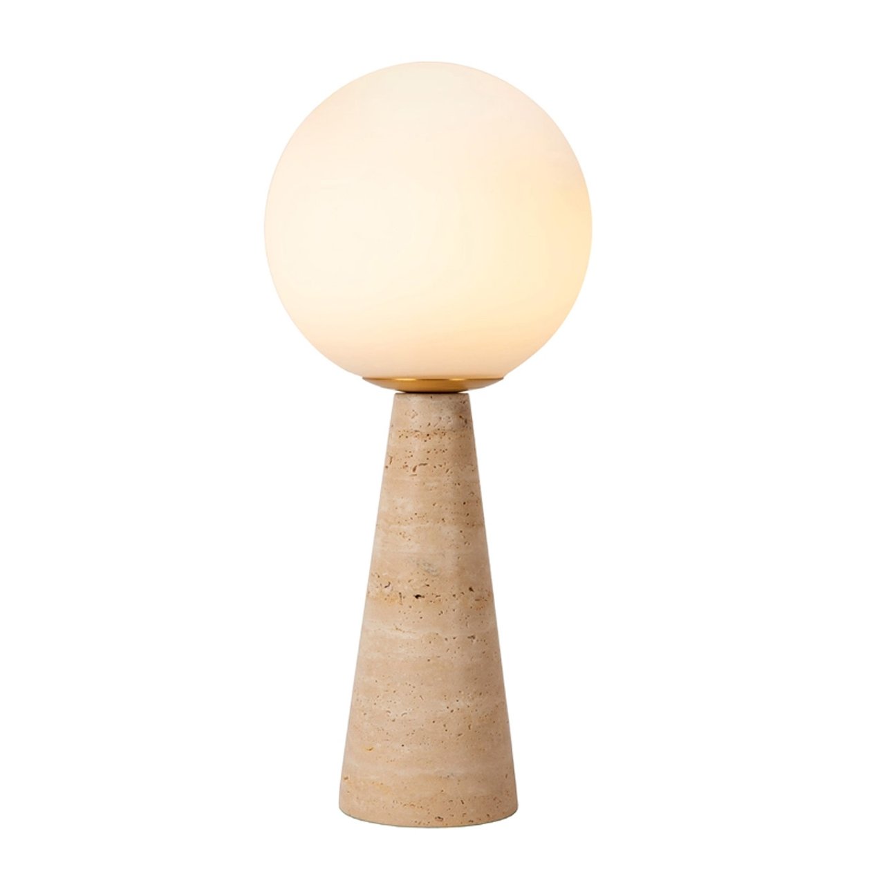 Full view of the table lamp with a marble base and an orb for a shade