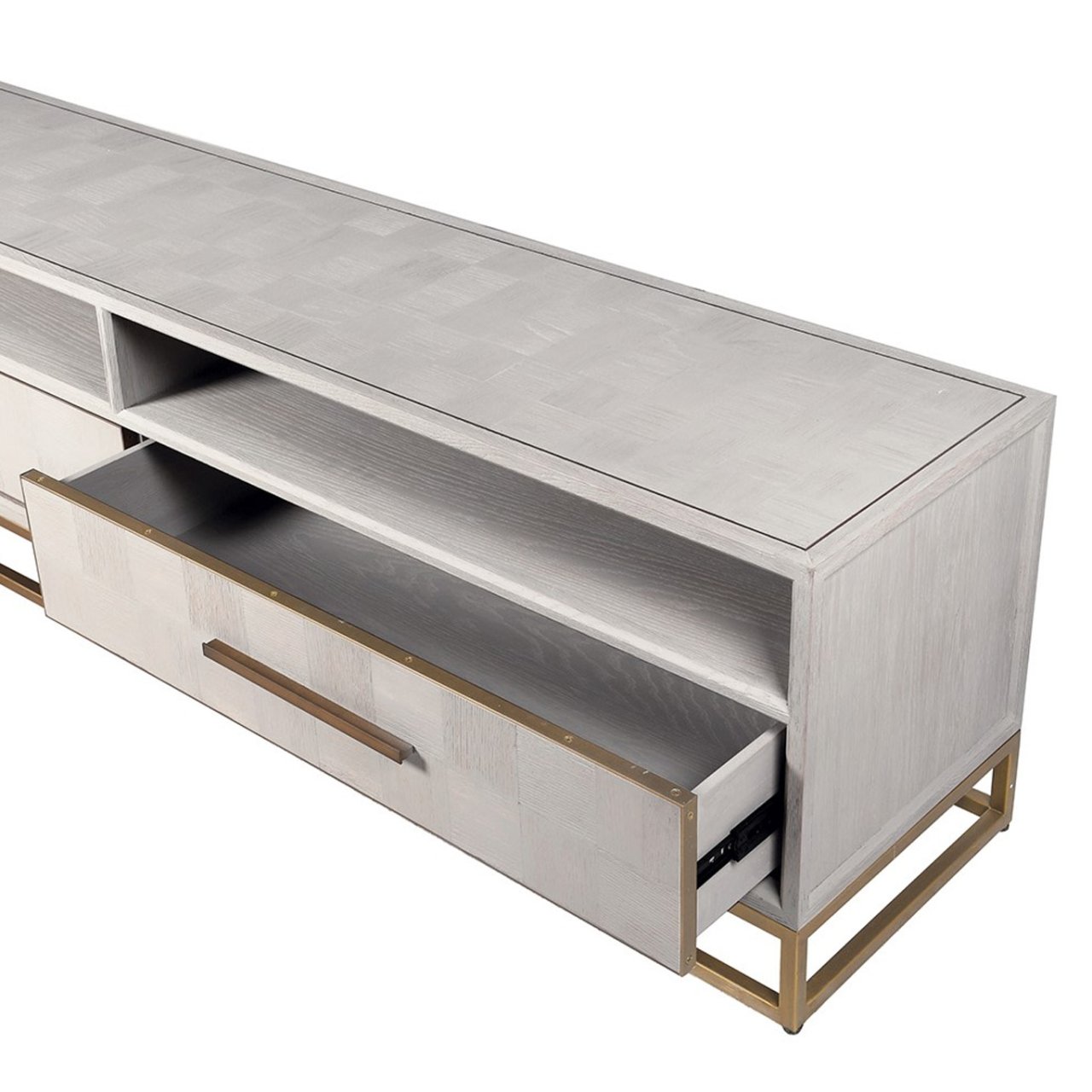 Focus on an open drawer of the TV Unit showing metal going all around the sides of the drawer, creating a sumptuous look
