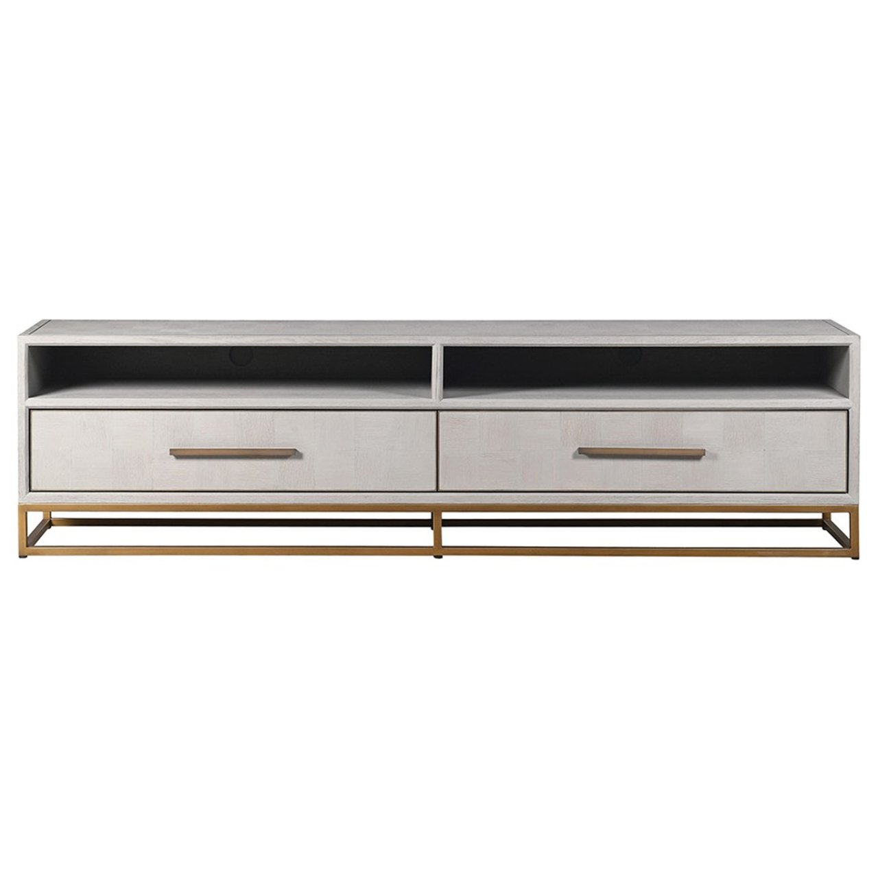 Front view of the TV Unit showing its pull out drawers with brass handles, open front nooks and rectangular golden metal legs 