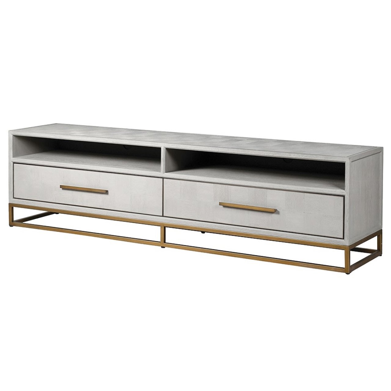 Angled view of the tv unit revealing the protruding shape of the handles and the beautiful gemetric design of the piece