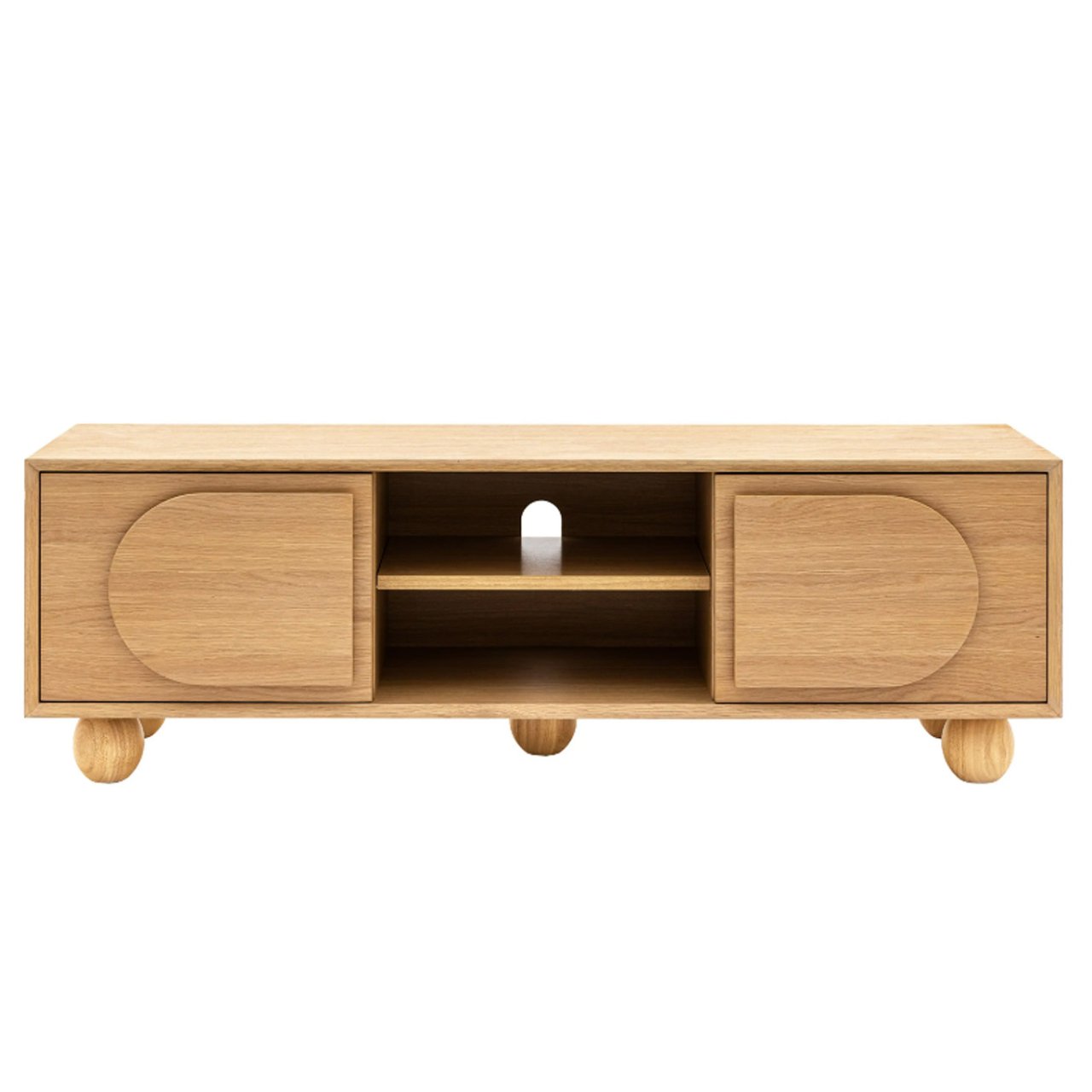 Front view of the Gina Media unit with it's two doors and two open cupboards and round legs