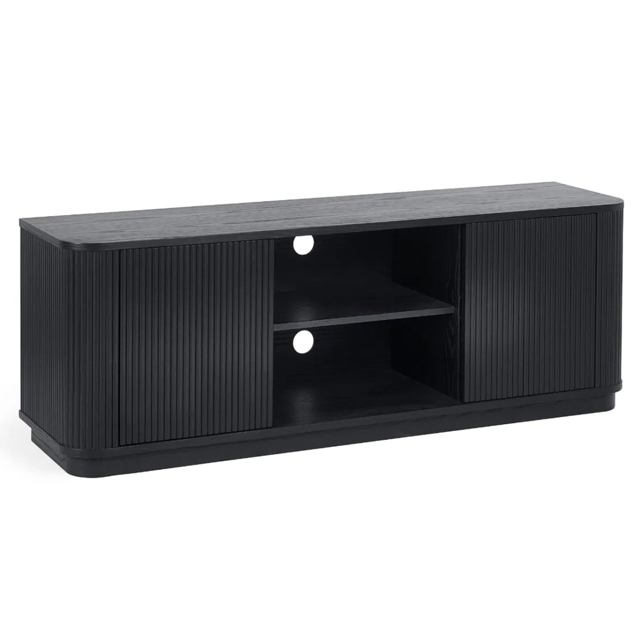 angled view of the black tv unit showcasing the fluted sides and doors of the media unit