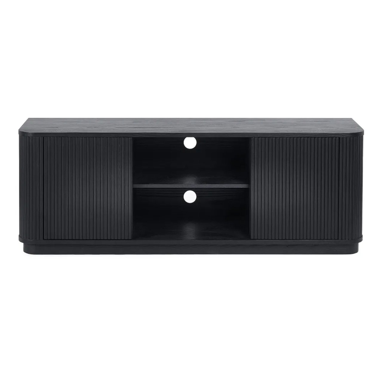 Front view of a black TV media unit with two doors and two open shelves with holes for cable management. the doors have a fluted surface.