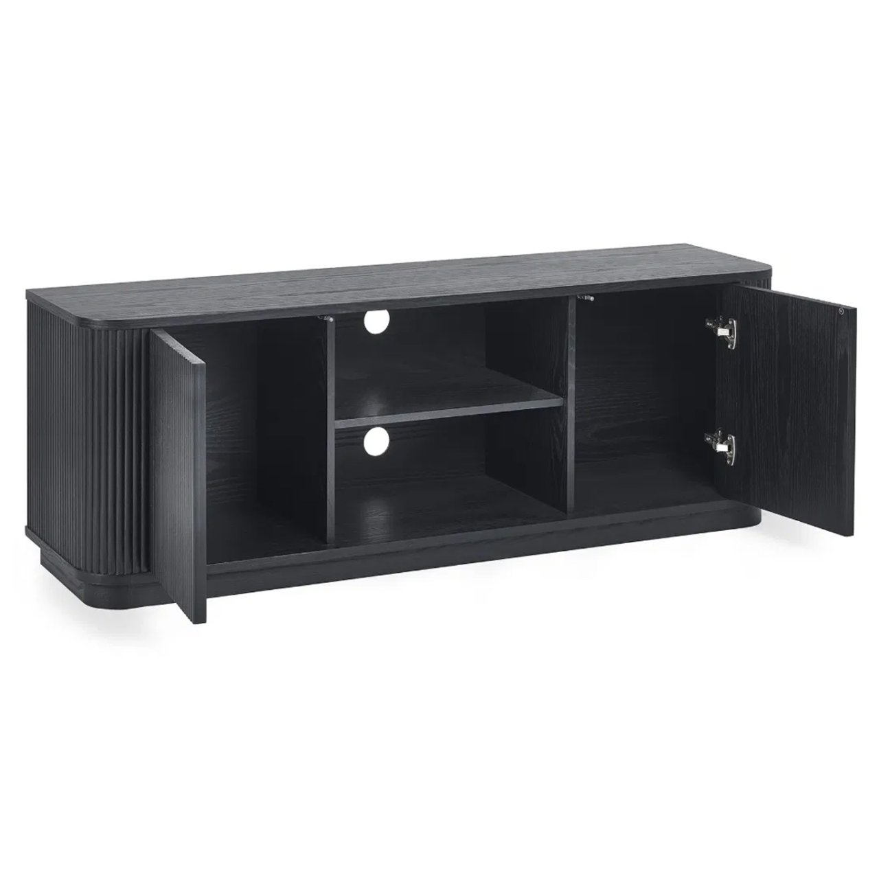 Angled view of the tv unit showing with the doors at either end open showing the space inside