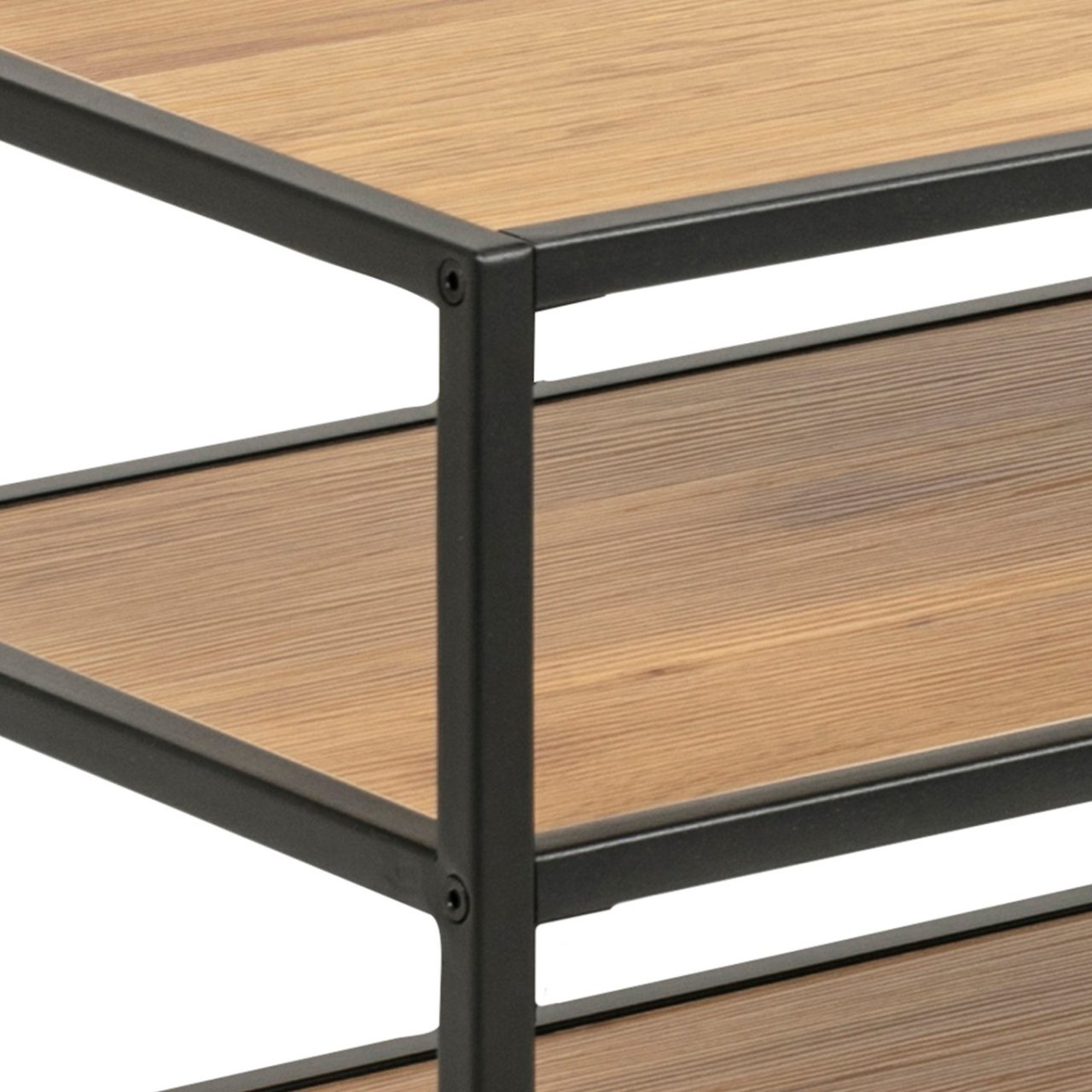 Close up of the metal frame of the TV Unit and its contrast with the oak veneer