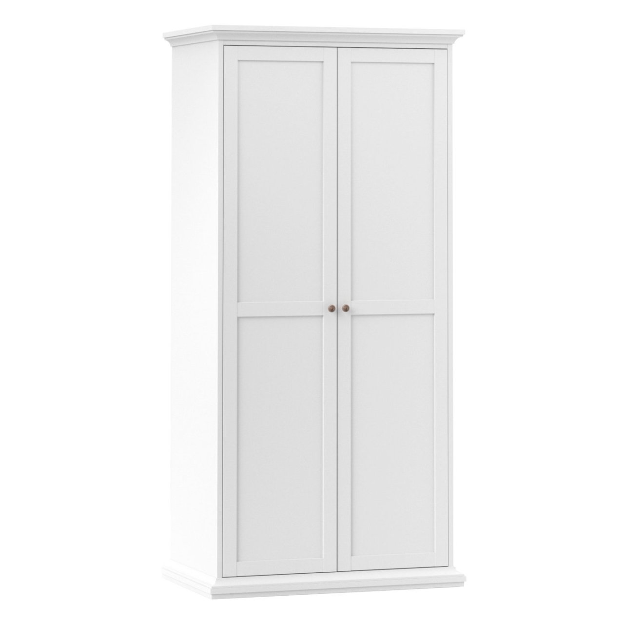 Angled view of the Nice 2 door wardrobe showing off its depth and the white colour of the sides which matches that of the front