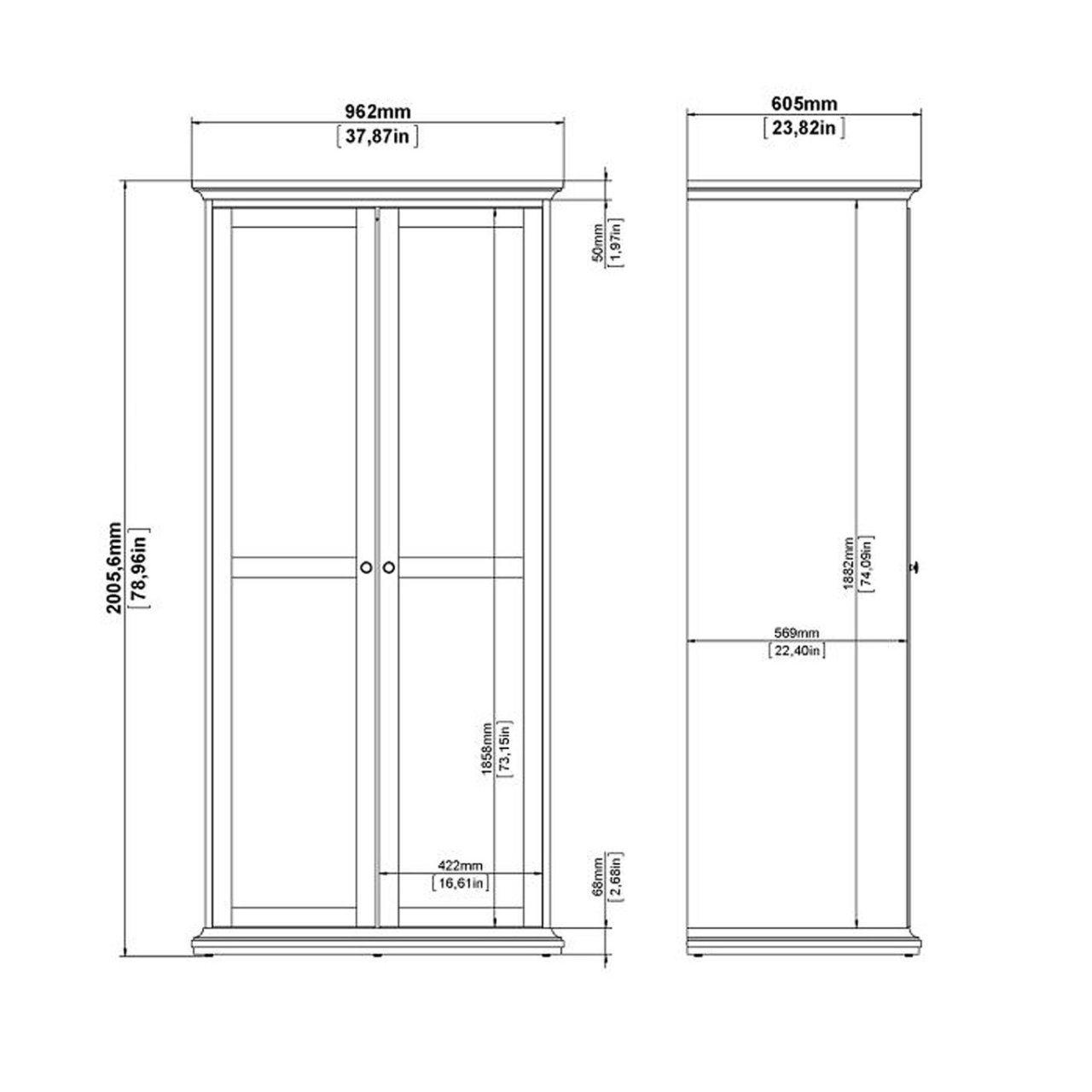 Graphic of the measurements of the wardrobe in millimetres: 962mm wide, 2005.6mm tall and 569mm deep