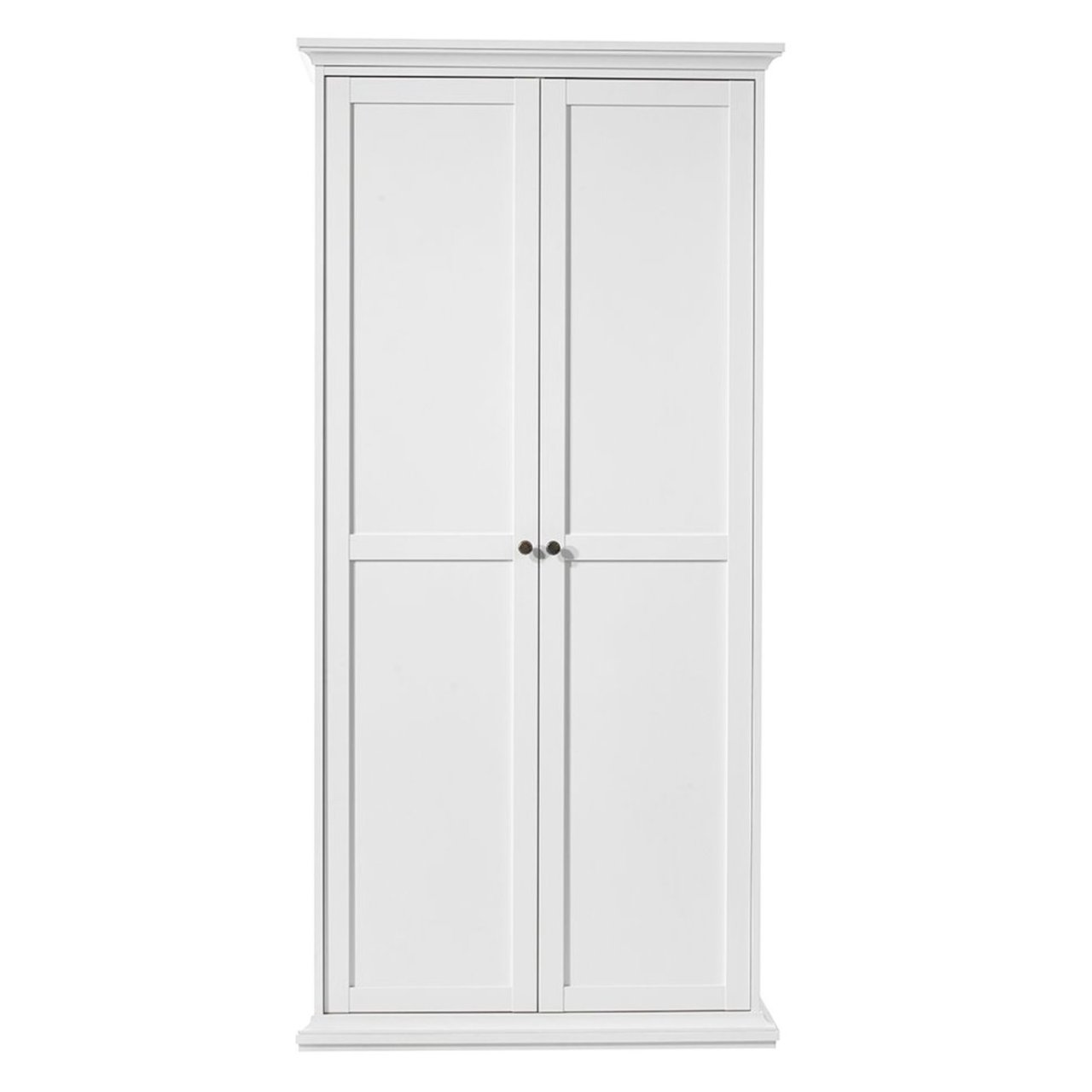 Front view of the Nice 2 door wardrobe, showing its panelled door design, the round handles and the extended cornice and base