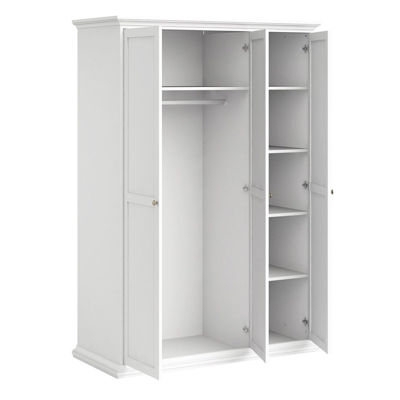 The Nice 3 door wardrobe with all doors open revealing a wide section with a hanger for shirts and a narrower section with drawers for other clothes. Also visible are the hinges made of metal