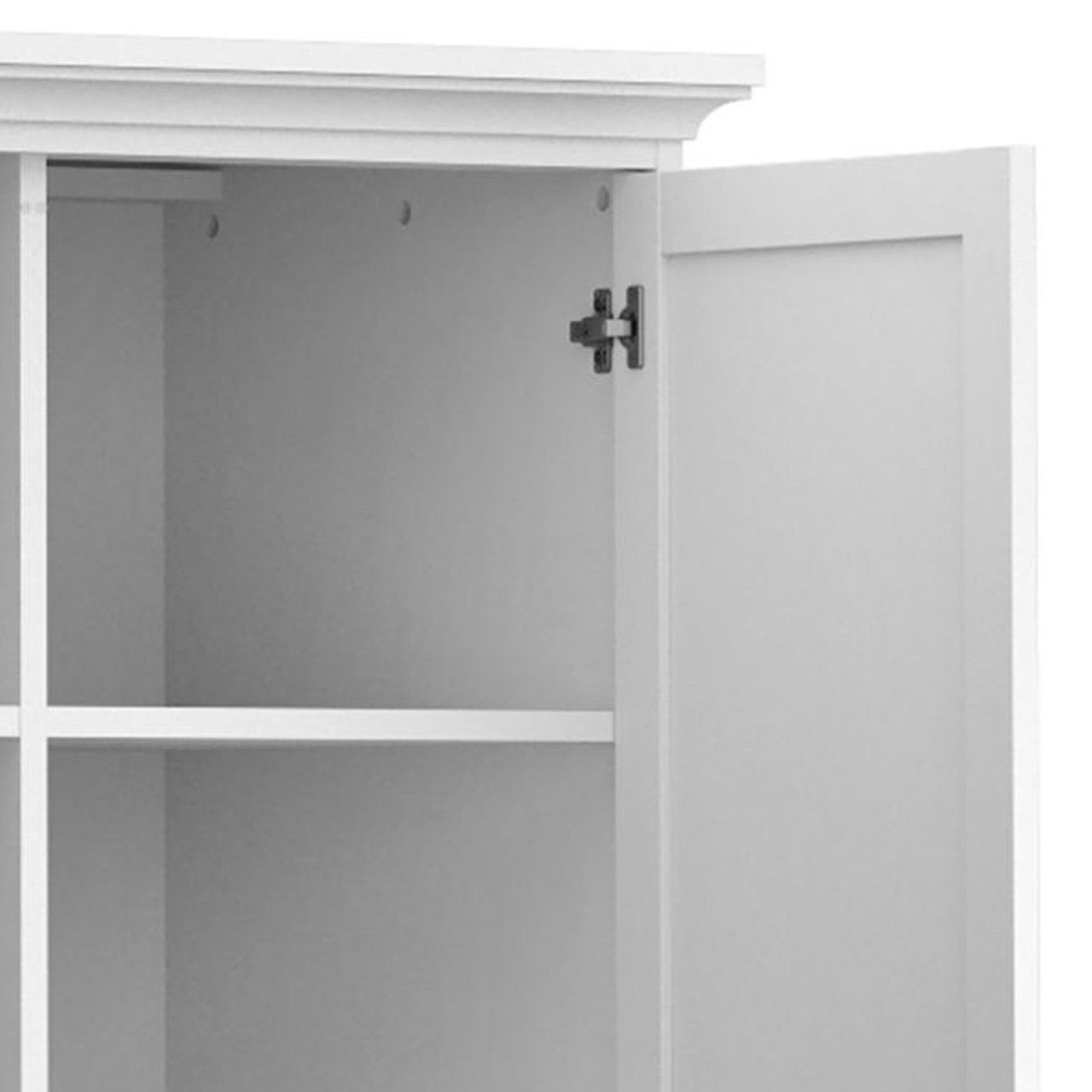 Zoom in on the top hinge of the wardrobe with a view of the top shelf