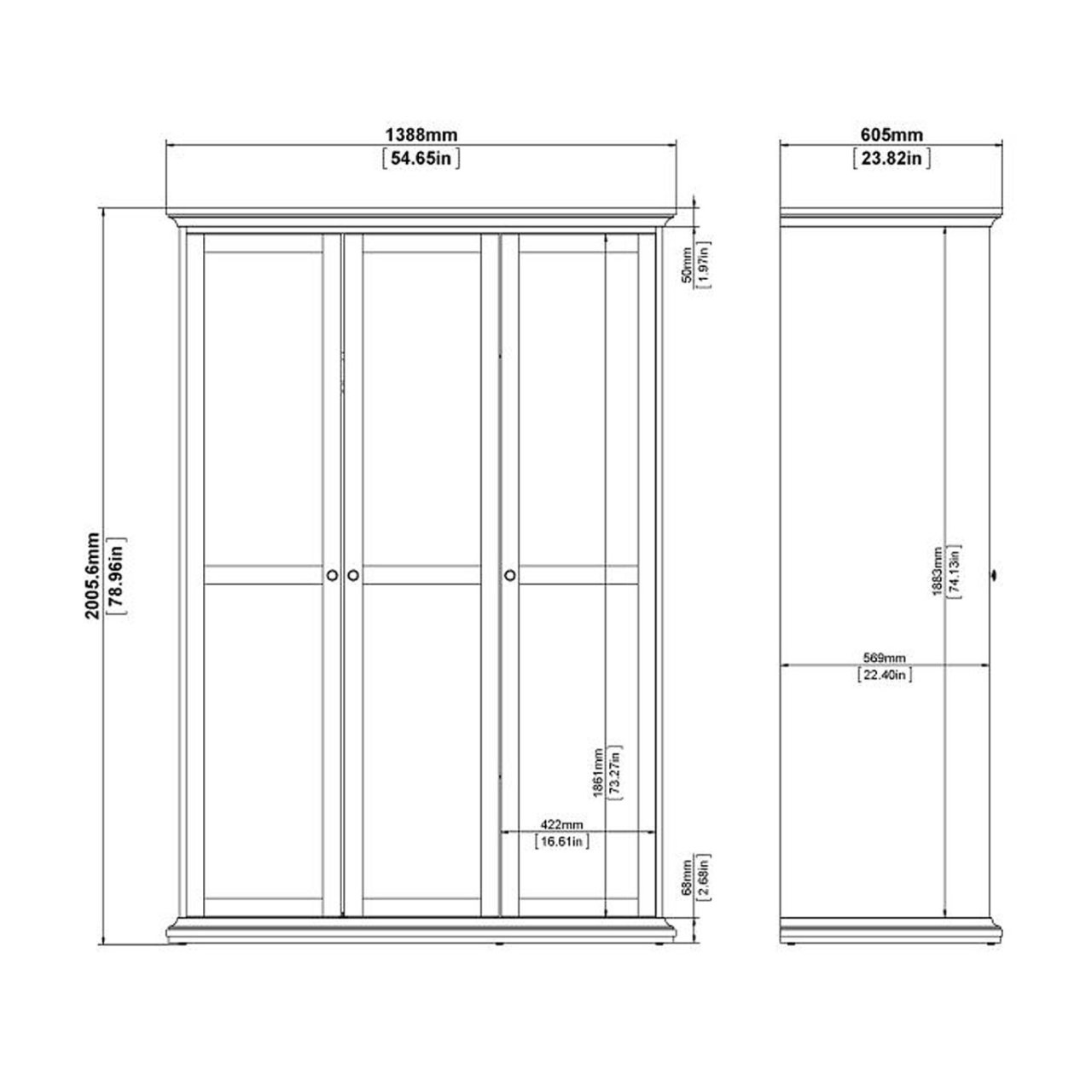 Graphic of the wardrobe with dimensions in millimetres and inches. 2006.6mm/78.96in tall; 1388mm/54.65in wide; 605mm/23.82in deep from the cornice; 569mm/22.4in deep from the doors; 1883mm/74.13in high on the inside.