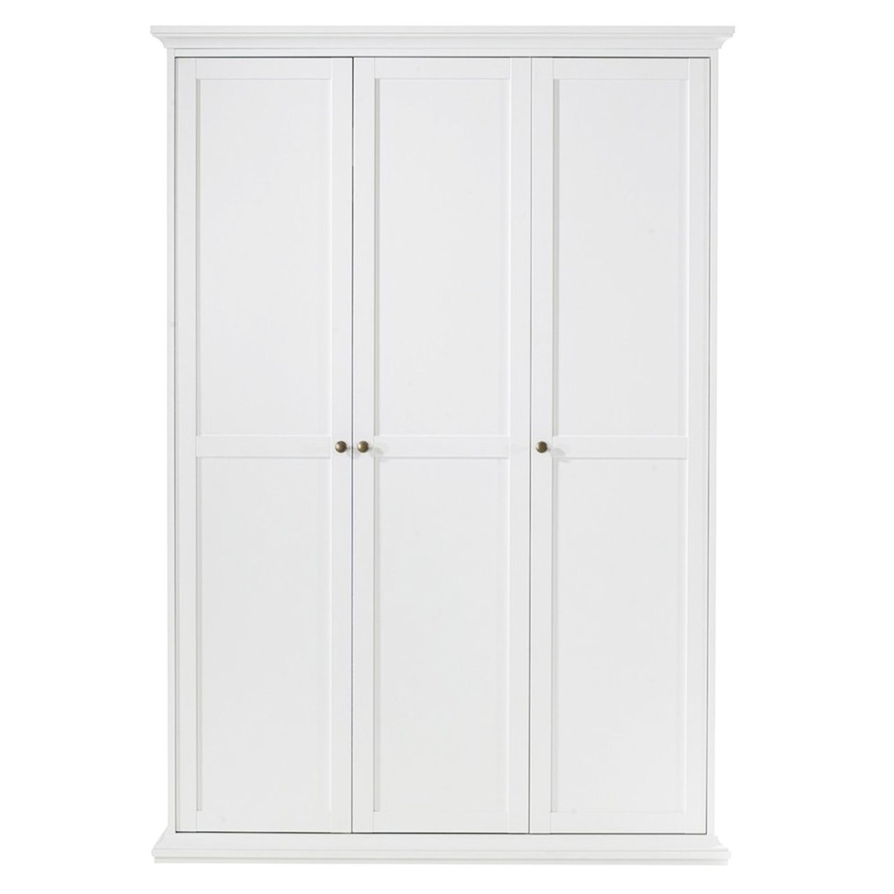 Front view of the Nice wardrobe showcasing its calm white colour the French style cornice and metal handles