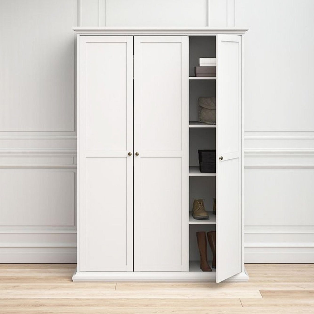 Lifestyle shot of the Nice wardrobe with the single door open revealing the storage space inside and the double doors closed