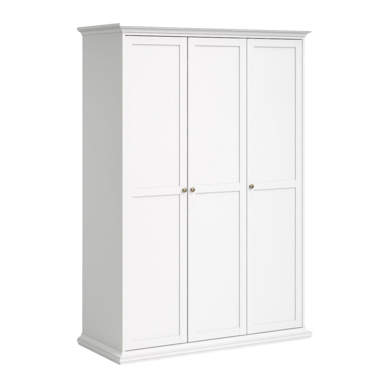 Angled view of the Nice wardrobe in white showing its depth and the overall modern design with clean, straight lines and round iron handles