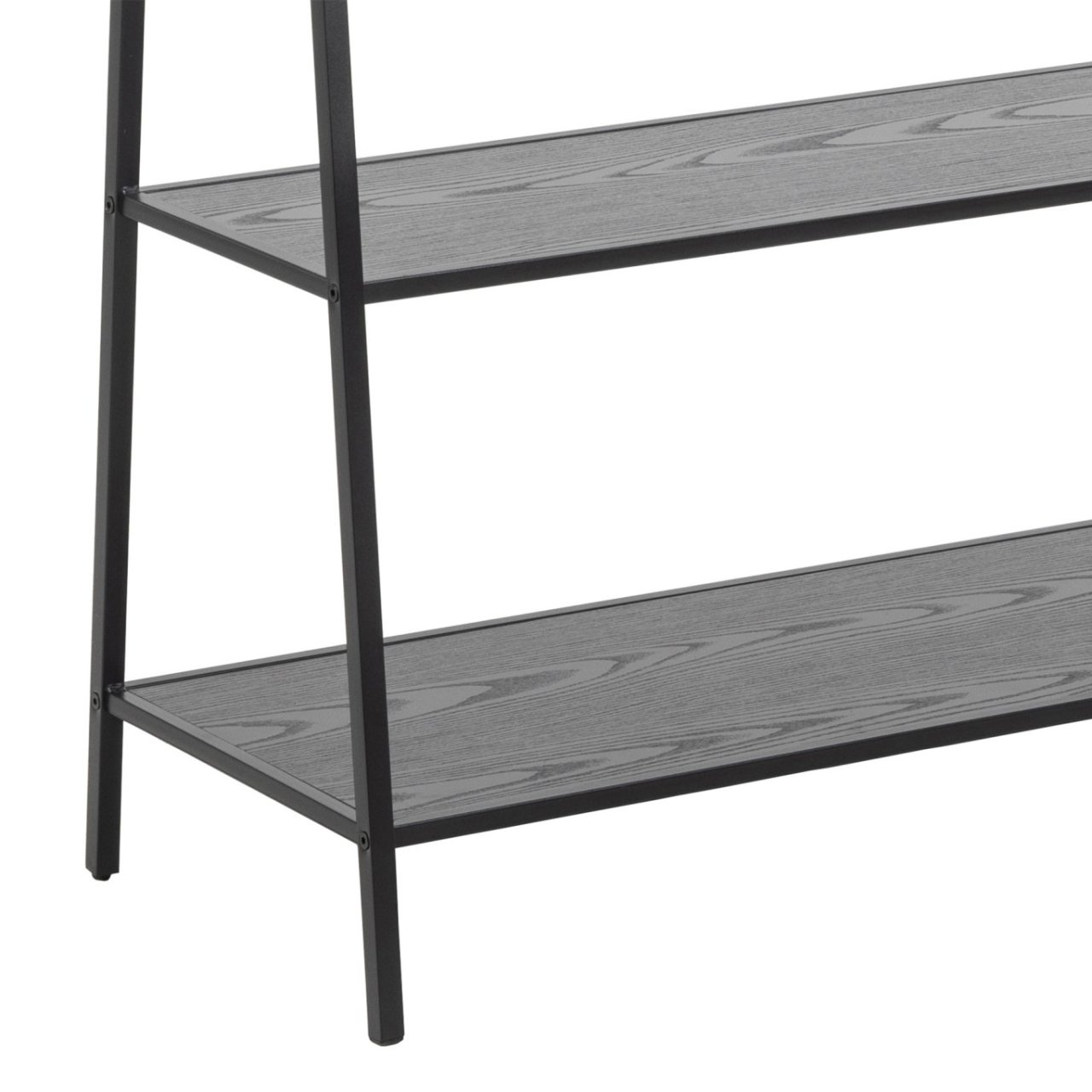 View of the shelves and the interplay between the black metal frame and the ash black wood of the top