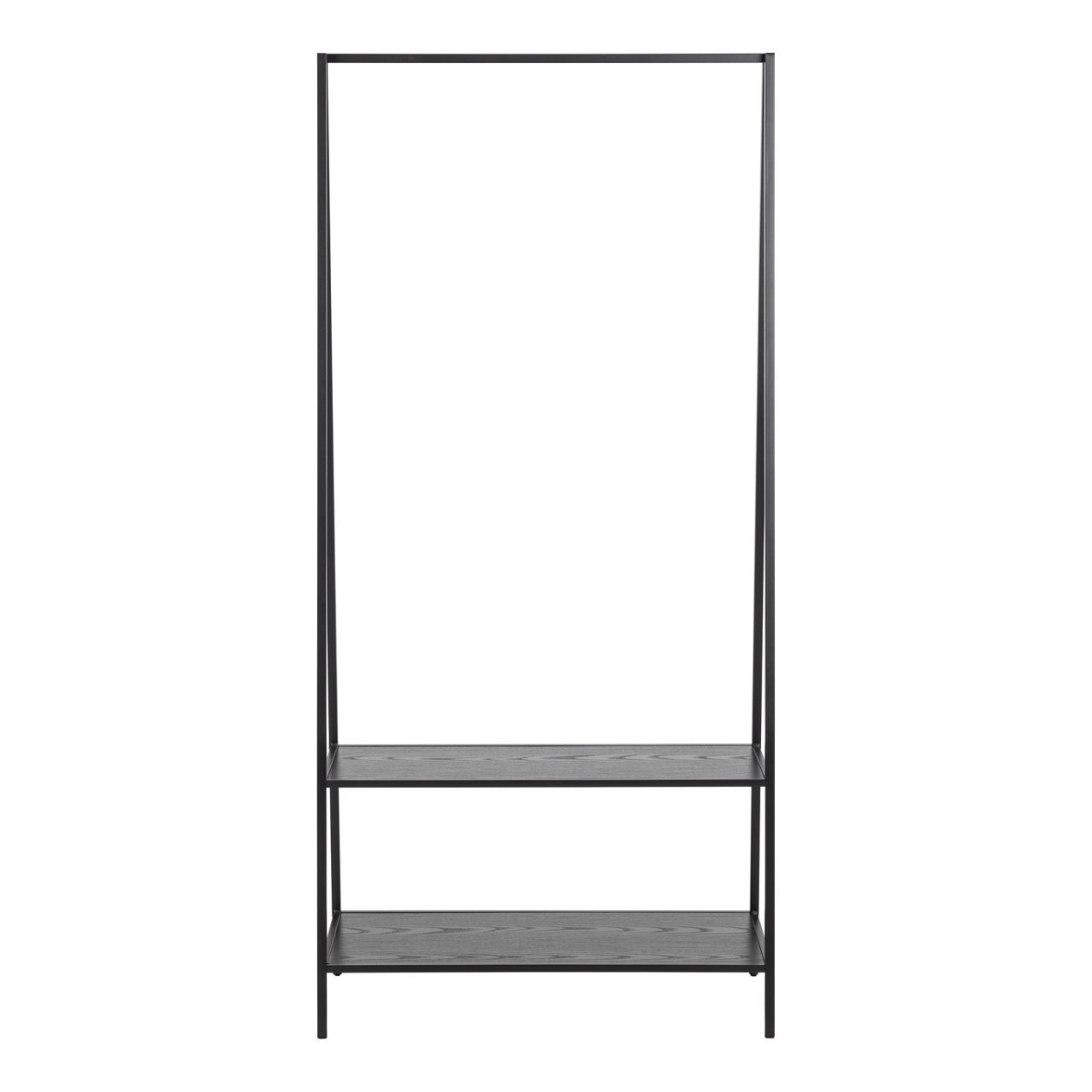 Front view of the See Clothes rack showcasing its black metal frame and black wood veneer