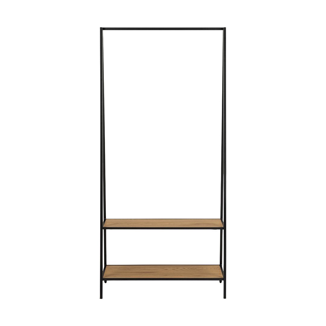 Front View of the See clothes rack showing the black metal frame