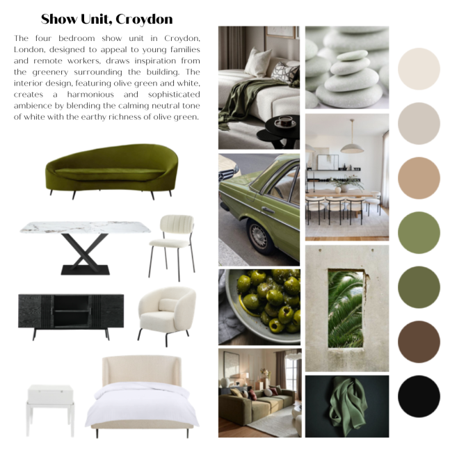 A nature and luxury inspired mood board featuring all areas of the house from living room to dining and sleeping.