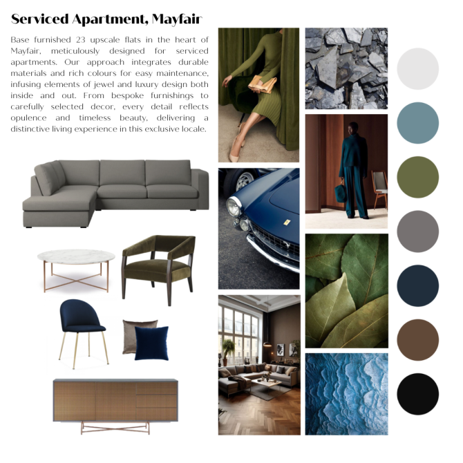 This mood board for a flat in Mayfair drags us back to a past age of manners and sophistication, delivering a stylish interior that is representative of the area.