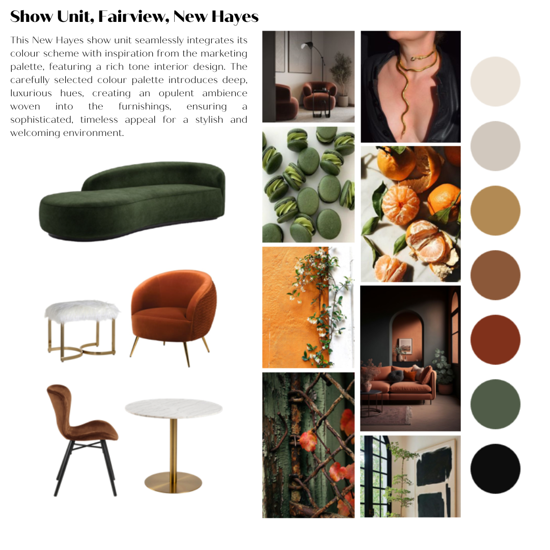 A mood board for the show unit for Fairview in New Hayes. With a green sofa, orange armchair, white pouffe, marble dining table and a modern dining chair the main inspiration behind this mood board is orange, green and nature.