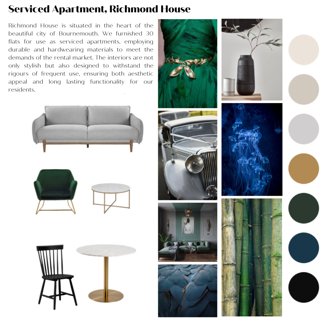 A mood board for a serviced apartment at Richmond house. It features a 3 seat sofa, green armchair, marble coffee table and dining table with a wood chair. the main hues and aspects are blue, green and silver.