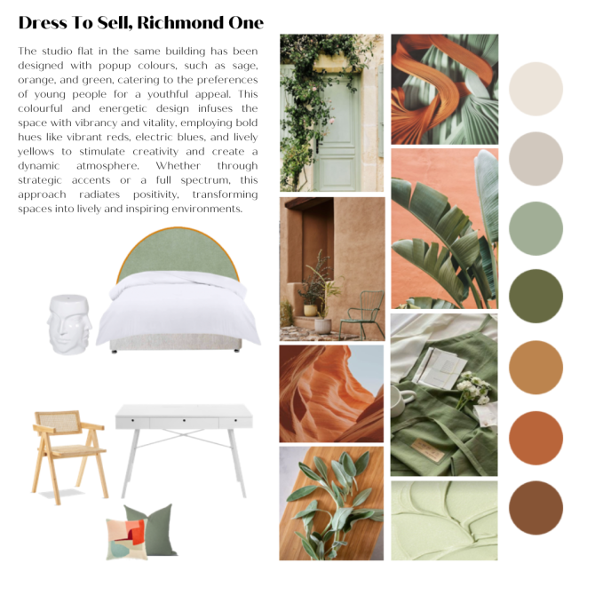 This vibrant mood board for a dress to sell studio in Richmond is heavily inspired by palms and earthy tones that are visible in the green round headboard and the rattan armchair.