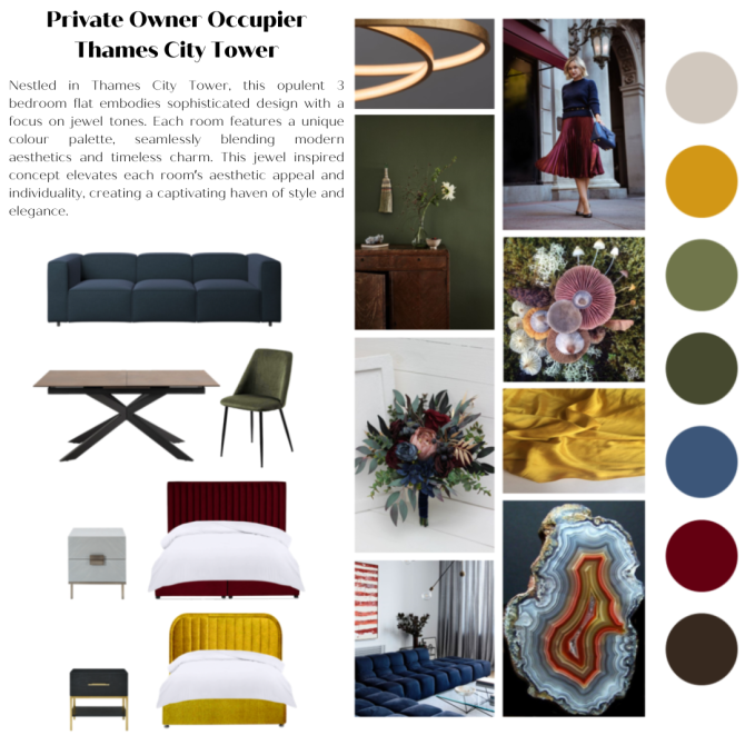 A mood board inspired by foliage and minerals this colourful aesthetic mixes hues such as yellow, burgundy, green and blue to propose a truly eclectic interior design.