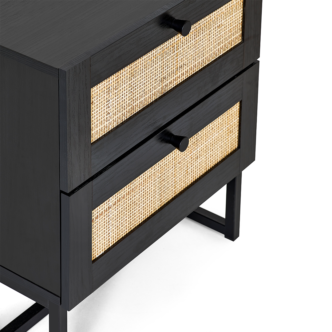 Closeup of the Padre bedside highlighting its round handles and ash black veneer