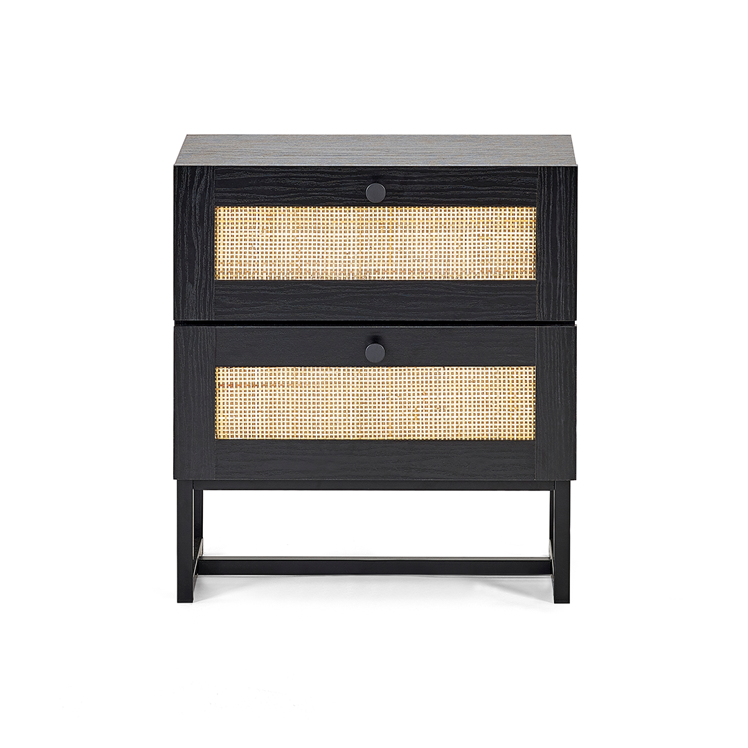 Front view of the Padre 2 Drawer Bedside in Black with rattan accents