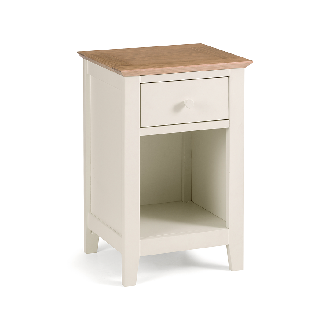 Full view of the sally bedside showcasing the drawer and the large open storage space underneath it