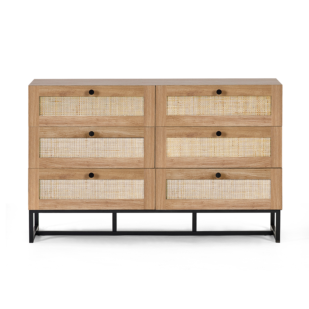 Front view of the Padre 6 Drawer Chest showing its rattan patterned drawers, black round handles and the black metal legs at the bottom