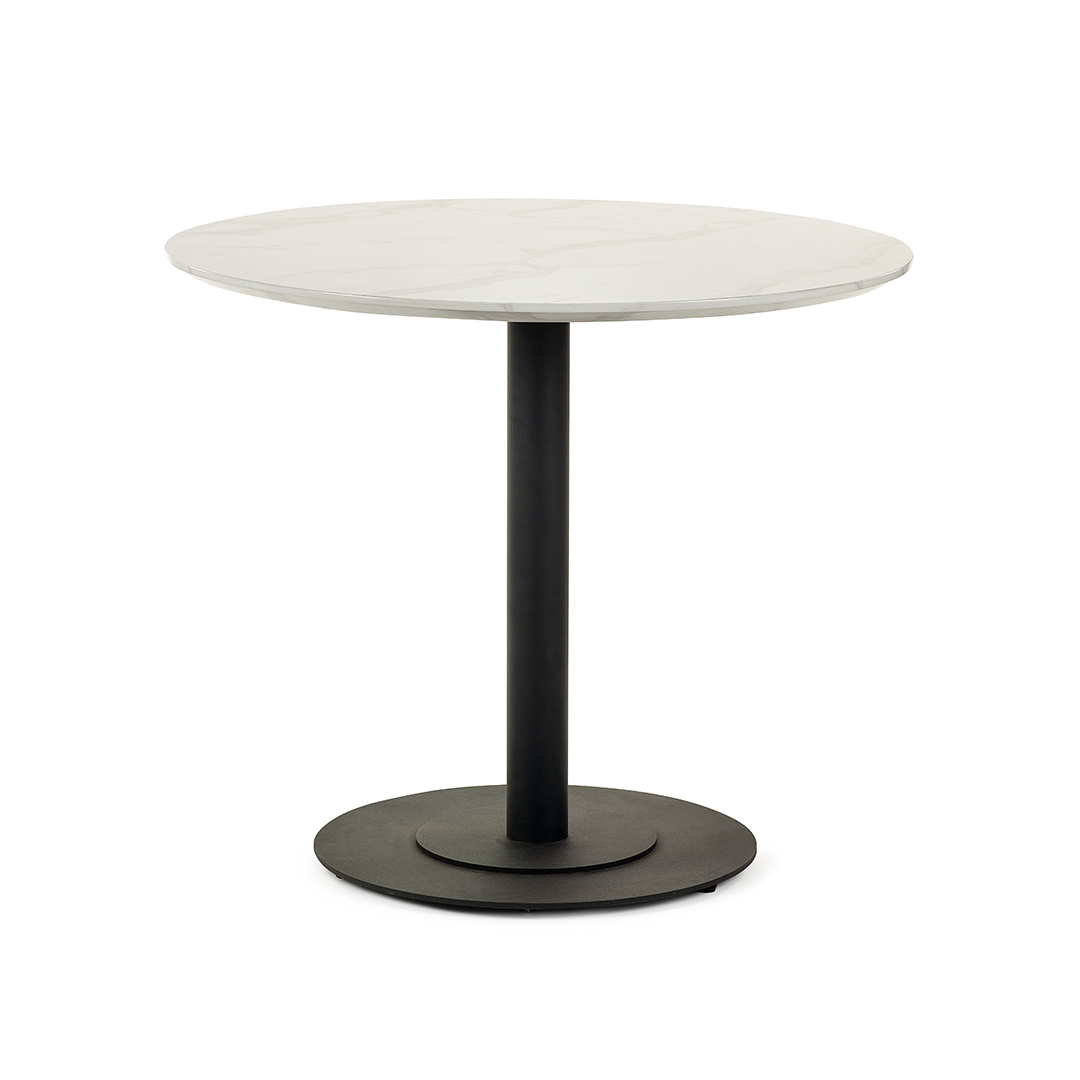 Full image of the Lucas round dining table with marble detail top and black base and column