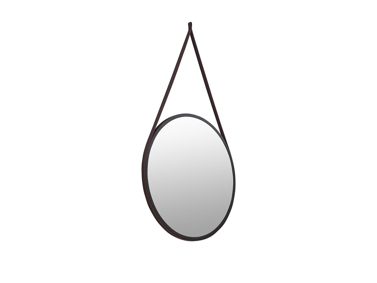 Angled view of the round mirror hanging by its strap