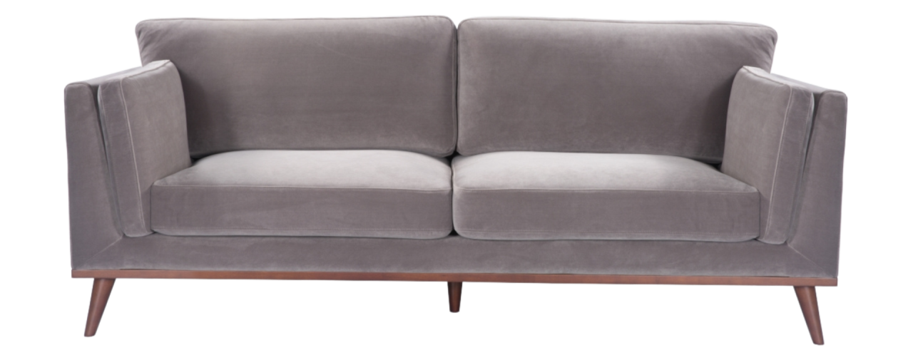 mickey 3 seater sofa, grey with walnut base and tapered legs and velvet upholstery